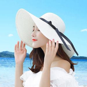 HT1679 New Fashion Straw Hat Female Wide Brim Sun Hat Ladies Solid Black Ribbon Bow Floppy Beach Hat Women Packable Summer