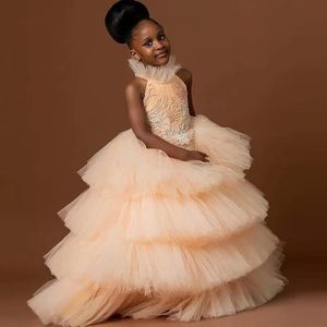 Blush Pink Layered Tulle Flower Girls Dresses Ruffles Puffy Kids Bridal Party Gown Custom Made Tier Child Pageant Skirts