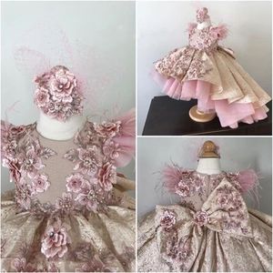 Luxury Pink Floral Flower Girl Dresses For Wedding High Low Feather Lace Applique Baby Birthday Party Dress Girls Pageant Ball Gowns Kid Clothes