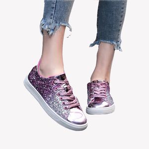 Spring New Casual Ladies Vulcanized Shoes Female Comfort Lace Up Fashion Shoes Women Glitter Sneakers Bling Flats Woman