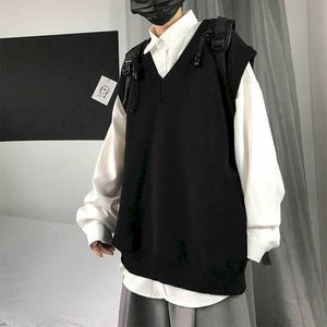 Män tröja väst höst solid färg stickad manlig koreansk stil trend lös v-hals ärmlös waistcoat college 210526