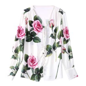 Chegada Designer Rosa Flor Floral Laço Laço Colares Elegantes Mulheres Escritório Office Blusa Blusas Femme Top Shirts Plus Size 210529