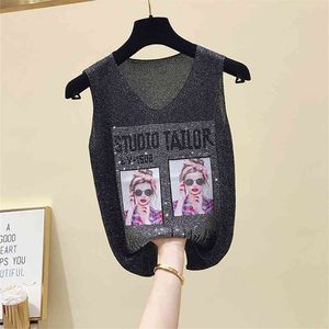 Wholesale top korean girls for sale - Group buy Korean style Women s V Neck Sleeveless Sequin Knitted T shirt Summer Girls Print Ladies Pullover Casual Tops Tee A2552