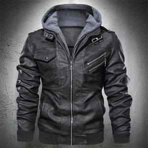 Men Autumn Leather Jacket Hooded Motorcycle Jacket Pu Faux Leather Fashion Punk Style Jacket Male Casual Fall Leather Coat 211111