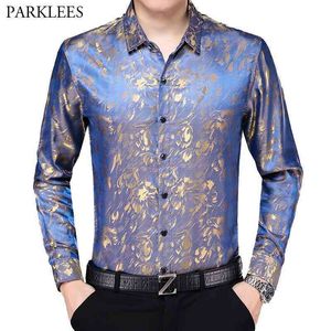 Floral Print Satin Silk Men Dress Shirts Comfortable Smooth Mens Shirt Business Work Casual Men Long Sleeve Slim Fit Men Chemise 210524