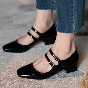 Spring Autumn Women Double Buckle Mary Janes Shoes Patent Leather Dress High Heels Pumps Retro Ladies Shoe Black Red