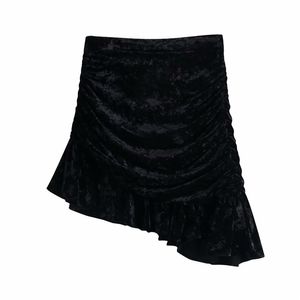 Kobiety Velvet Plised Mini Spódnice Powrót Zipper Ruffles Black Moda Sweet Street Kobieta Elegancka Casual Spódnica Odzież 210513