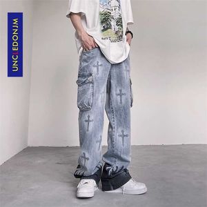 UNCLEDONJM Flame printed jeans men street wear distressed designer for graffiti cargo pants 057 211111