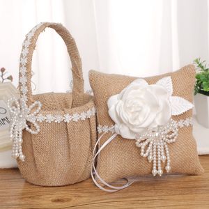 Linen Wedding Flower Basket Ring Pillow Set with Satin Rose Pearl Elegant Bride Girl Baskets H-5713 Party Supplies