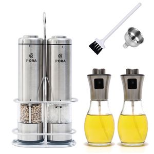 Rostfritt stål peppar Mill Electric Salt and Grinder Set, Metal Stand, Olive Oil Spray Bottle Set, Matlagning Köksredskap 210712