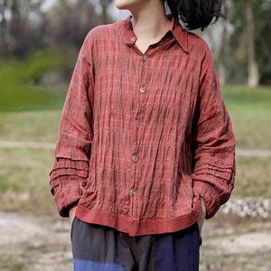 Johnature Women Red Plaid Vintage Shirts And Tops Irregular Collar Spring Button Loose Fold Women Clothes Casual Shirts 210521