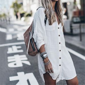 Summer Beach Cover-Up Women Tops Swimsuit Cover Up Plus Size Long Sleeve White Cotton Shirt Dress Fashion Button Beachwear Tunic Sarongs