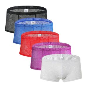 Underpants 5PS Sexy Mens Boxers Shorts Mesh Man Sex Underwear Lingerie Trunk Transparent See Through Floral Lace Dropship