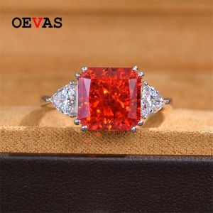 OEVAS 100% 925 Sterling Silver 10*10mm Pink Yellow Aquamarine High Carbon Diamond Rings For Women Sparkling Wedding Fine Jewelry 211217