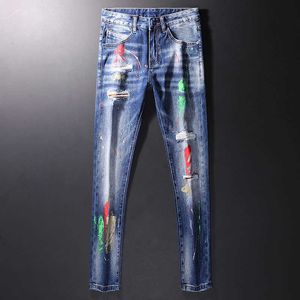 Уличный стиль моды мужские джинсы ретро синий эластичный тонкий пригонка разорвал окрашенные дизайнерские хип-хоп джинсовые брызги панк