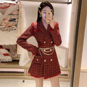 Women Red Tweed Plaid Blazer Golden Double Breasted Jacket Thick Long Woolen Suit Coat Fall Winter Outerwear With Chain Belt Bag 210412