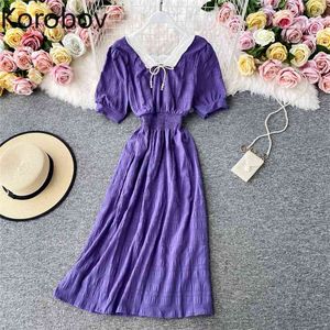 Korobov koreanska sommar kvinnor klänning vintage kortärmad kvadratisk krage vintage ol kvinnliga klänningar hög midja vestidos femme 210430