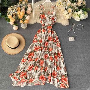 Strandkleid weiblich Urlaub am Meer Ins Sexy rückenfrei Kreuz Spaghettiträger Super Fairy Print lang ML787 210506