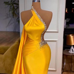 Gold Beading One Shoulder Mermaid Prom Dresses Formal Shiny Crystals Long Evening Dress Party Gowns