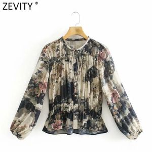 Kobiety Vintage Atrament Malarstwo Kwiat Druku Smock Bluzka Office Lady Retro Plees Elastyczne Szczupłe Koszule Chic Blusas Topy LS7528 210420