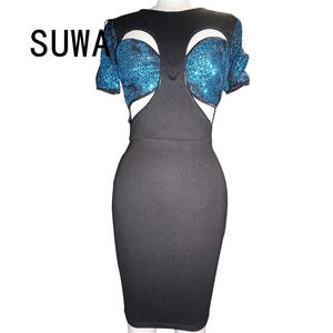 Elegancka Moda Urodziny Stroje Dla Kobiet Sexy Cocktail Party Slim Fit Vestidos Hollow Out Shinny Design Bodycon Midi Dress 210525