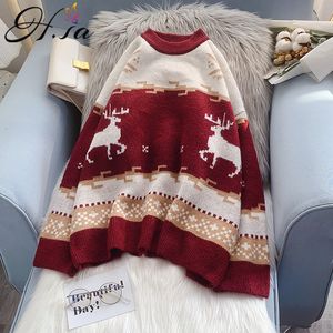 H.SA Kvinnor Vintertröja och Pullovers Christmas Pull Deer Red Patchwork Stickar Toppar Stora Sweaters Cartoon Jumpers 210417