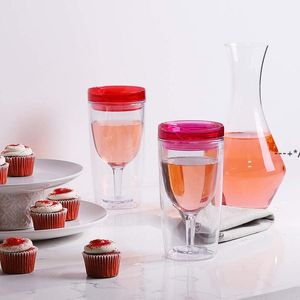 NEW10 OZ Clear Plastic Wine Cup Double Layer Insulated Tumbler Juice Wine Cups with Lids sea shipping RRE12856