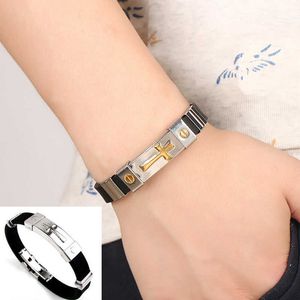 Novo lnrrabc cor preta cruz silicone titanium pulseira de aço macho anel de mão manguito pulseiras pulseiras para homens jóias de moda q0719