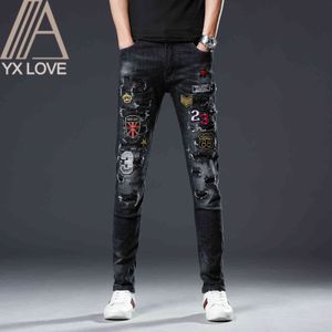 Stickerei Schwarze Männer Jeans Fantastische Muster Qualitätsmarke Dünne Elastische Bequeme Hiphop Hosen Mehrere Stile Hosen 210330