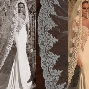 Bridal Veils White Ivory Long Veil With Comb One Layer Cathedral Wedding Appliqued Full Lace Edge Velos De Noiva 3MeterBridal