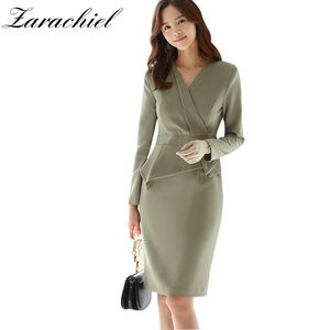 Büro Damen OL Elegante Frauen V-ausschnitt Langarm Bodycon Frühling Herbst Rüschen Weibliche einteiliges Formale Arbeit Kleid 210416