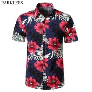 Kwiatowy Hawajski Koszule Beach Męskie Letnie Krótki Rękaw Button Down Chemise Homme Tropical Aloha Party Odzież do męskiej Camisas 210522
