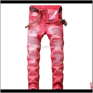 Męskie Odzież Odzież Drop Dostawa 2021 Moda Casual Hole Dla Mężczyzn Hip Hop Biker Regularne Straigh Jeans Red Plus Size 29-42 JXKUU