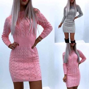 Sonbahar ve Kış kadın Katı Büküm Mizaç Bel Kazak Elbise Seksi Bodycon Hollow Uzun Kollu Parti Örme Mini Elbiseler 210517