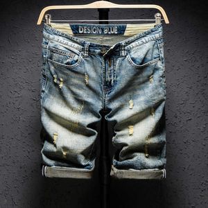 summer trendy fashion men's hole denim shorts retro style old straight thin high-quality cotton jeans shorts 210531