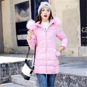 Kış Coat Kadınlar Kore Sürümü Uzun Bölüm Kalın Yastıklı Ceket Sıcak Tutmak için Pamuk Büyük Kürk Yaka 210923