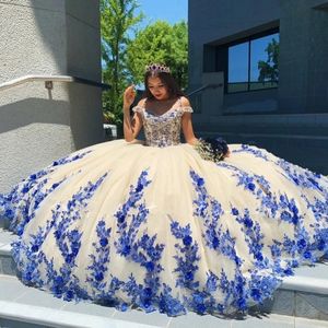 2021 stile arabo blu abiti Quinceanera Masquerade Puffy Ball Gown Prom Dress con applicazioni Sweet 16 vestidos de 15 anos
