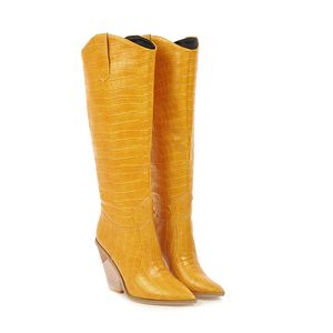 Moda Clássico Preto Branco Amarelo Botas Cano Alto Knight Western Cowboy Feminino Sapatos de Inverno Longos Sapatos Dedo Pontudo Cowgirl Wedges Sapato de Motociclismo