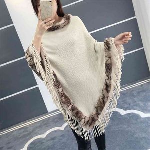 Faux Mink Wool Autumn And Winter Color Matching Cape Shawl Bat Shirt Female Fur Collar Coat Medium Long Knitted 210427