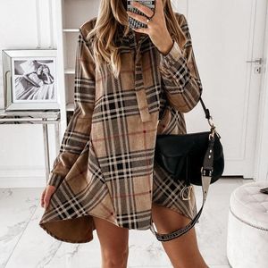 Casual Dresses Women Elegant Plaid Print Buttons Irregular Party Dress Office Lady Turn-Down Collar Shirt Loose Mini Vestido