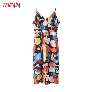 Tangada Summer Fashion Women Print Pasek Dress Bez Rękawów Backless Bow Kobieta Casual Midi Dress 4T40 210609