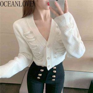 V Neck Cardigans Solidne frezowanie krótki kobieta swetry koreański szczupły biały wiosna jesień mujer chaqueta 19553 210415