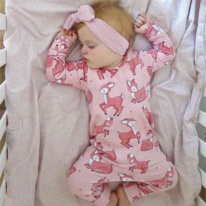 Baby Girls Romper Bomull Långärmad Rosa Hjorttryck Jumpsuit Född Kläder Pyjamas Infant Clothing Outfits 210816