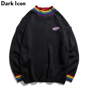 Mörk ikon regnbåge krage pullover mäns tröja vinterlös stil tröja för män high street tröjor svart vit 211102