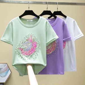 Sommer Tops Perlen Koreanische Weiße T-shirt Frauen Kleidung Baumwolle Mode Weibliche T-Shirt Schwarz T Kurzarm Schwarz Hemd 210604