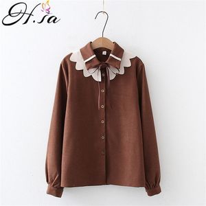 HSA Women Spring Long Sleeve Blouses and Floral Neck Bow Tie Cute Outer Shirts Loose Office Lady Warm Velvet Winter Shirt 210417