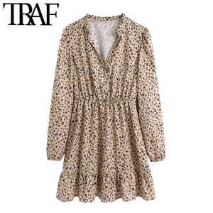 Traf Women Chic Fashion Leopard Print Ruffled Mini Dress Vintage Long Sleeve Elastic Waist Female Dresses Vestidos 210415