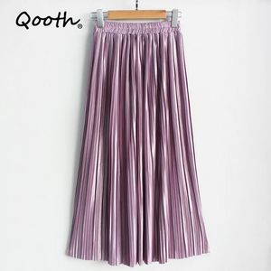 Qooth Summer Autumn Pleated Skirt 22 Colors Womens Vintage High Waist green Solid Long Fashion Metallic QH2152 210518