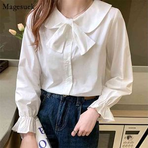 Lantern Sleeve Bow Elegant Button Upp Skjorta Toppar Vintage Vit Blus Kvinnor Kontor Ladies Bomull Skjortor Casual Blusa 12051 210512