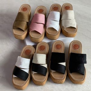Bej Elbise Takozları toptan satış-Tasarımcı Kadın Sandalet Woody Kama Katır Glyn Platformu Espadrille Beyaz Baskı Mektup Tuval Sandal Düz Loafer lar Kauçuk Alt Ayakkabı